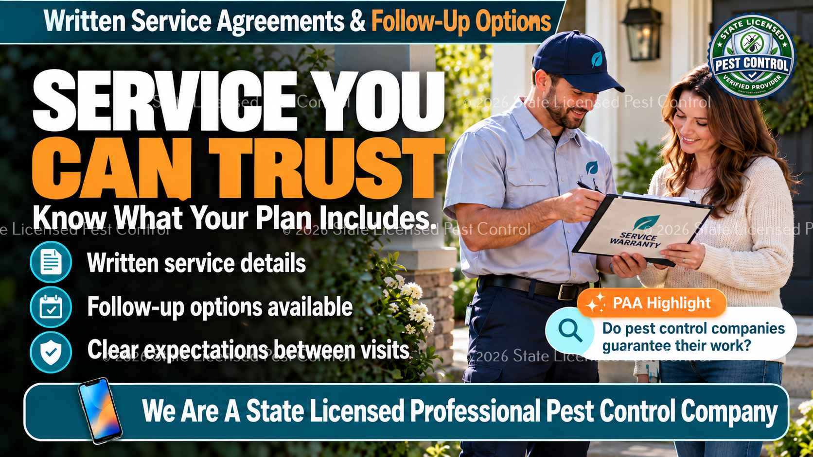 Pest control professional reviewing written service details and follow-up options with a homeowner