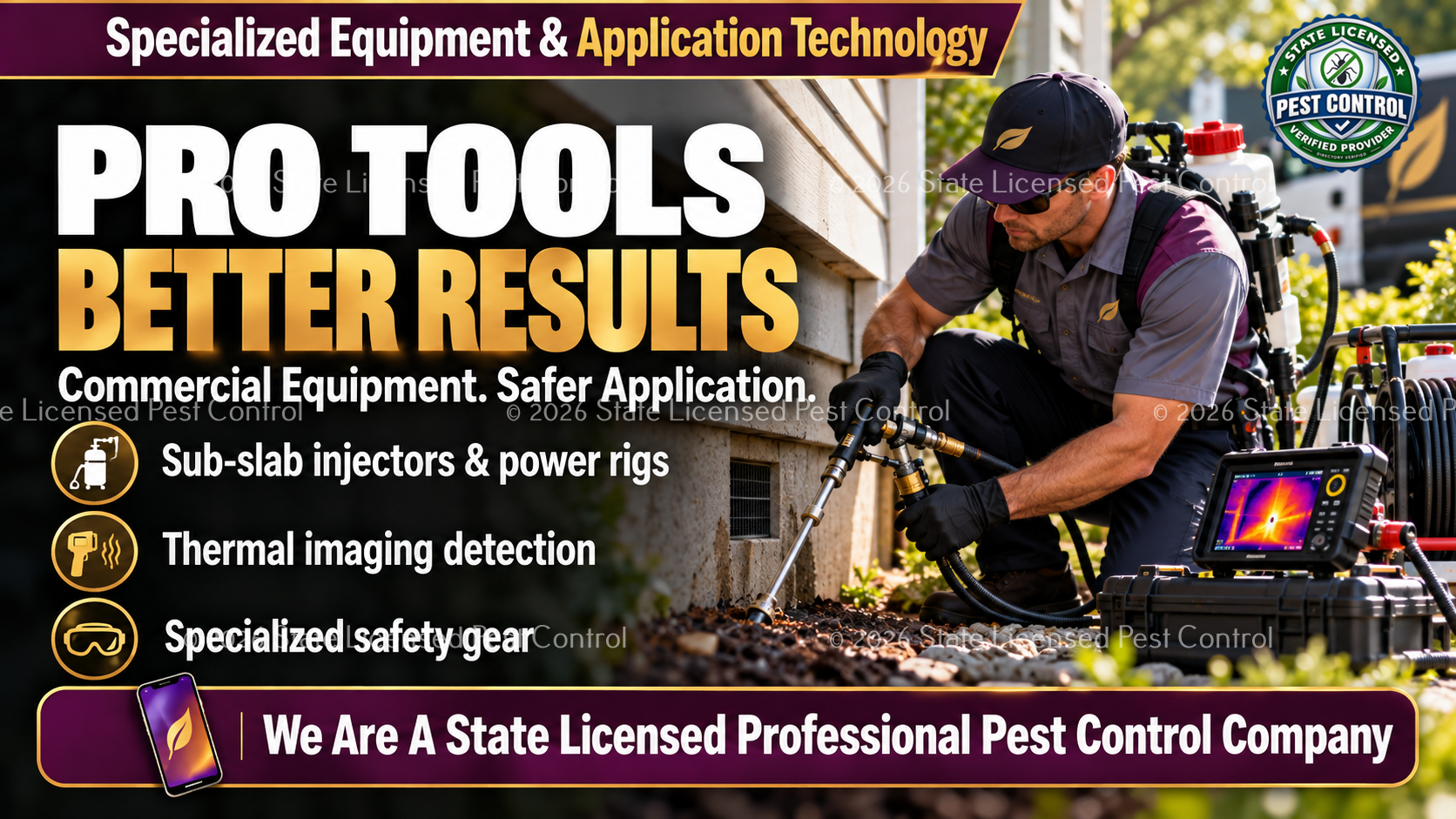 Licensed pest control technician using specialized commercial pest control equipment and application technology