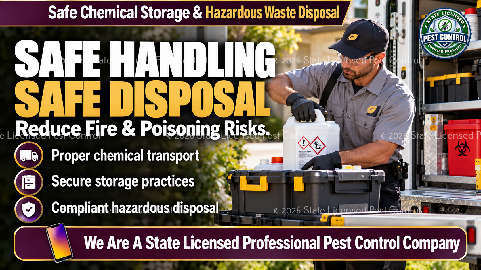 Licensed pest control professional safely handling transporting and storing pest control products