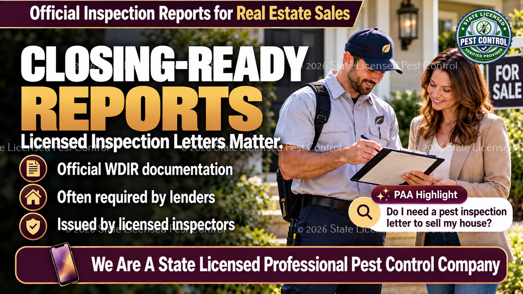 Licensed pest inspector preparing an official pest inspection report for a real estate transaction