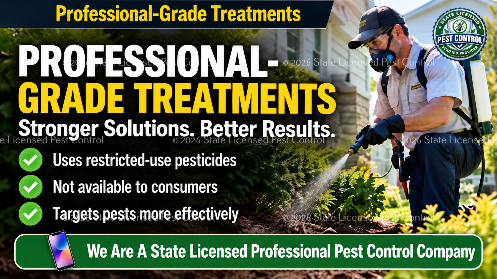 Professional grade pest control treatments from a state licensed pest control company