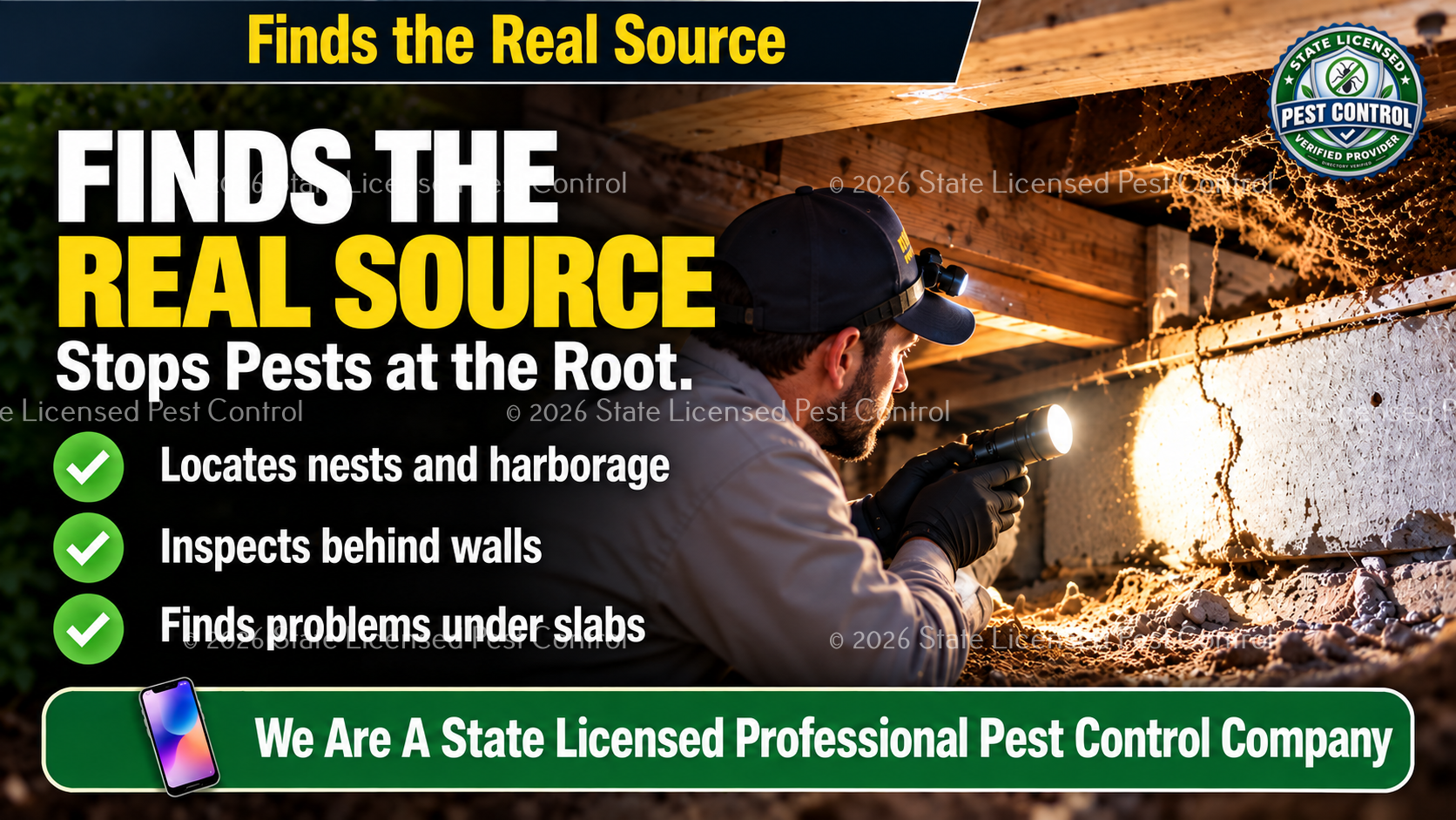 Professional pest control technician tracing the root cause of a pest problem