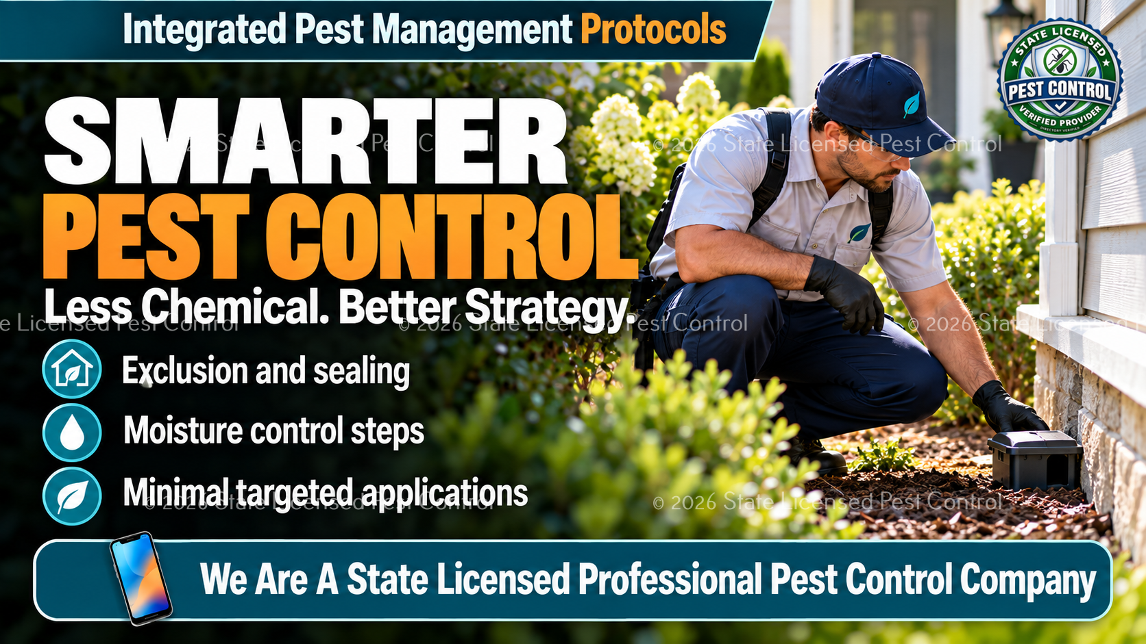 Professional pest control technician using Integrated Pest Management methods around a home