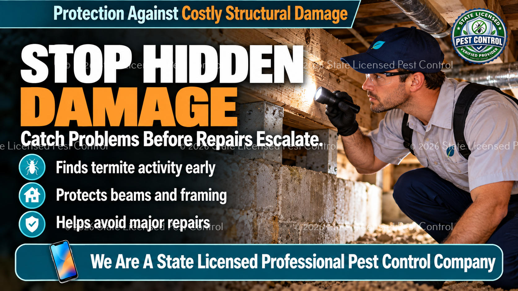 Pest control professional inspecting structural wood for hidden termite and pest damage