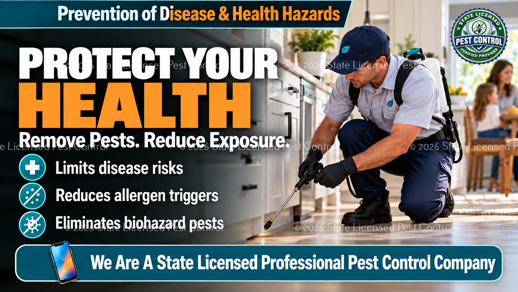 Licensed pest control technician treating a home to reduce pest-related health and sanitation hazards